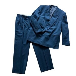 Albert Nipon Men Navy Blue 100% Pure Wool Double Breasted Pleated Suit 44R 35x30